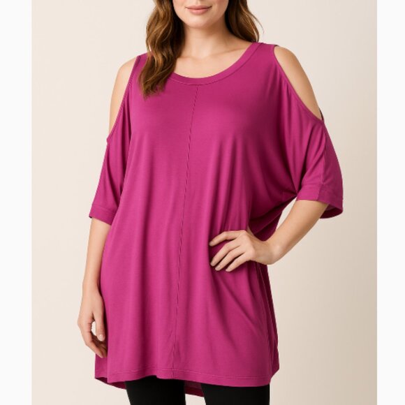Nally & Millie Tops - Nally & Millie Magenta Cold Shoulder Draped Dolman Sleeve Tunic Top Size M